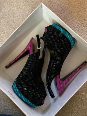 Steve Madden Black Crystal Platform Peep-Toe Heels with Pink & Teal Accents